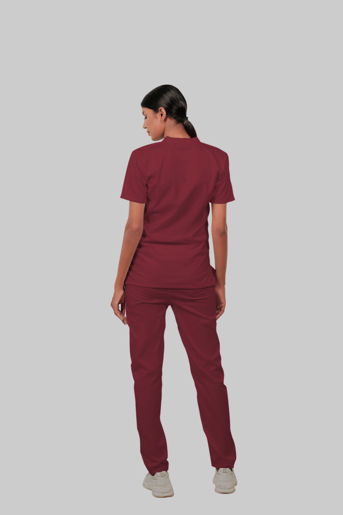 Stretchable (2Way) Women Maroon Mandarin Neck With Straight Pant Scrub Set