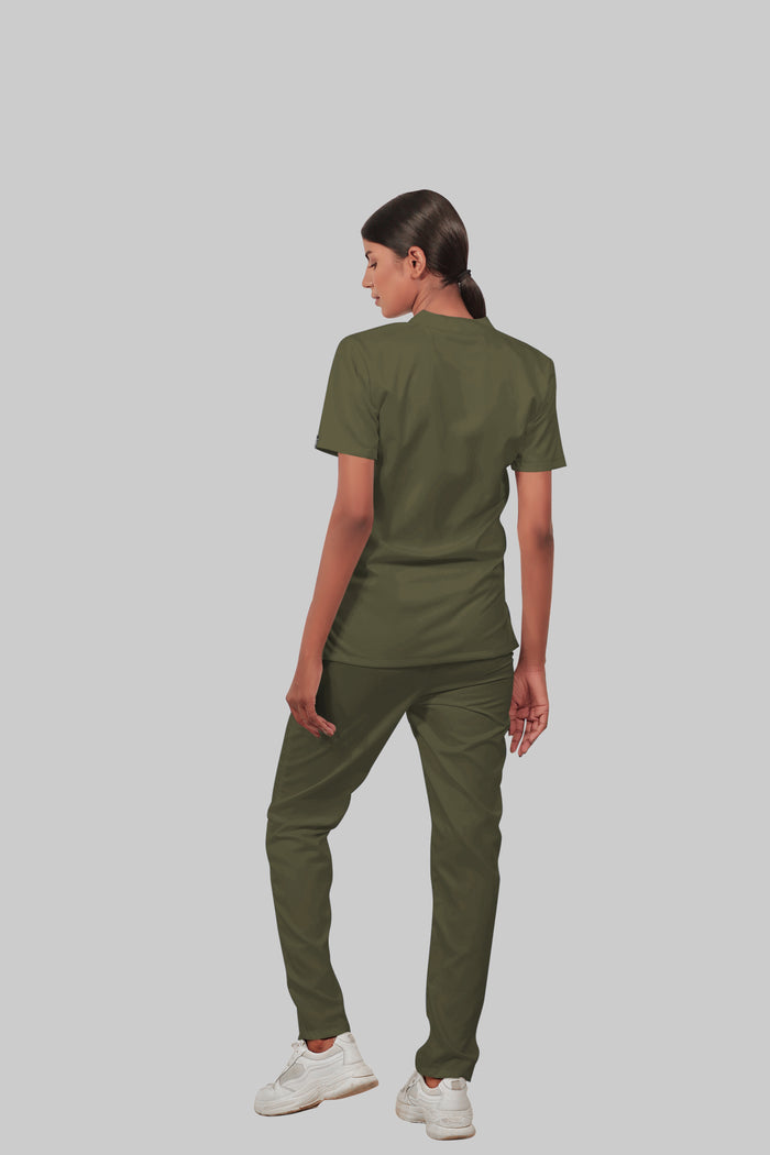 Stretchable (4Way) Women Olive Green Mandarin Neck With Straight Pant Scrub Set