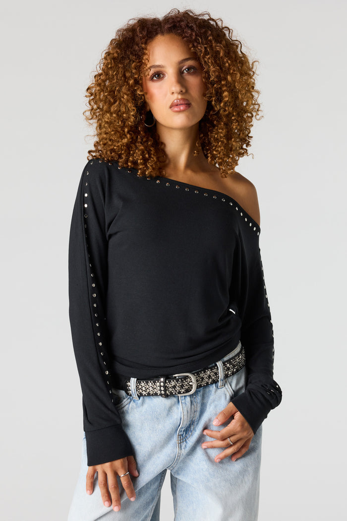 Studded Boatneck Long Sleeve Top