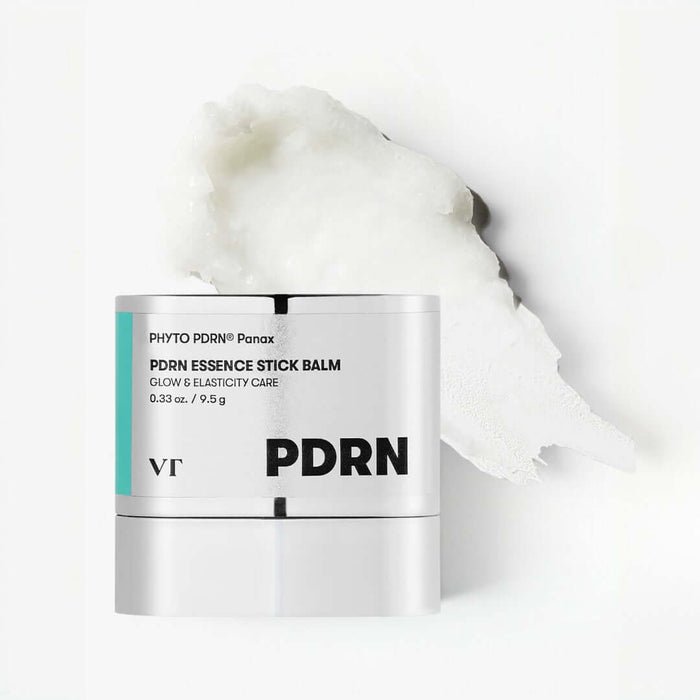 VT Cosmetics PDRN Essence Stick Balm 9.5g in a sleek container with a creamy texture on a surface.