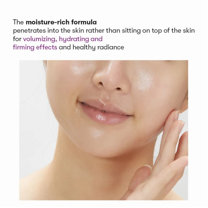 Close-up of a person's face with moisturized skin, text about moisture-rich formula.