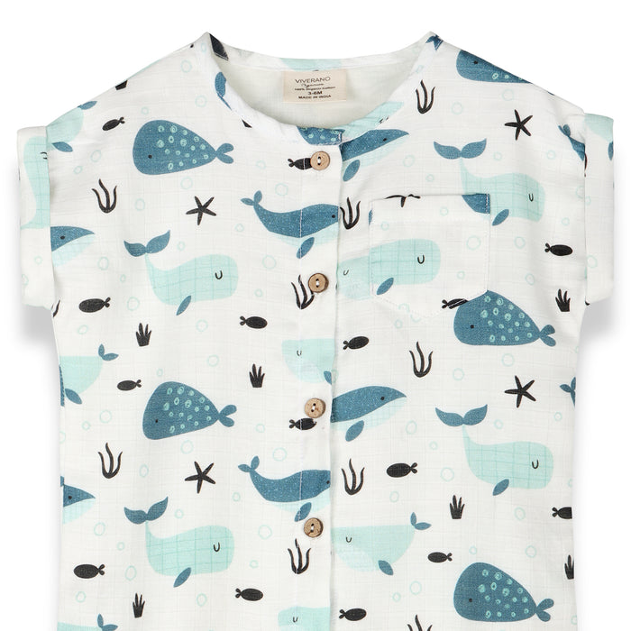 Whales Rolled Short Sleeve Baby Jumpsuit (Organic Muslin)