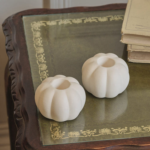 2 Matte White Ceramic Pumpkin Taper Candle Holders