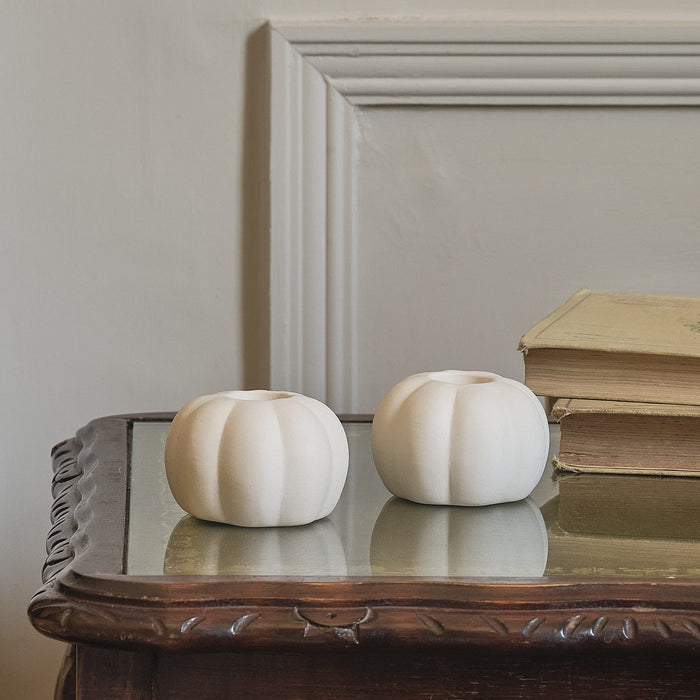 2 Matte White Ceramic Pumpkin Taper Candle Holders