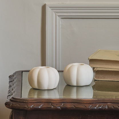2 Matte White Ceramic Pumpkin Taper Candle Holders