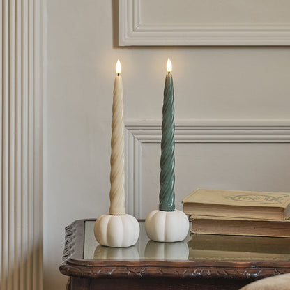 2 Matte White Ceramic Pumpkin Taper Candle Holders