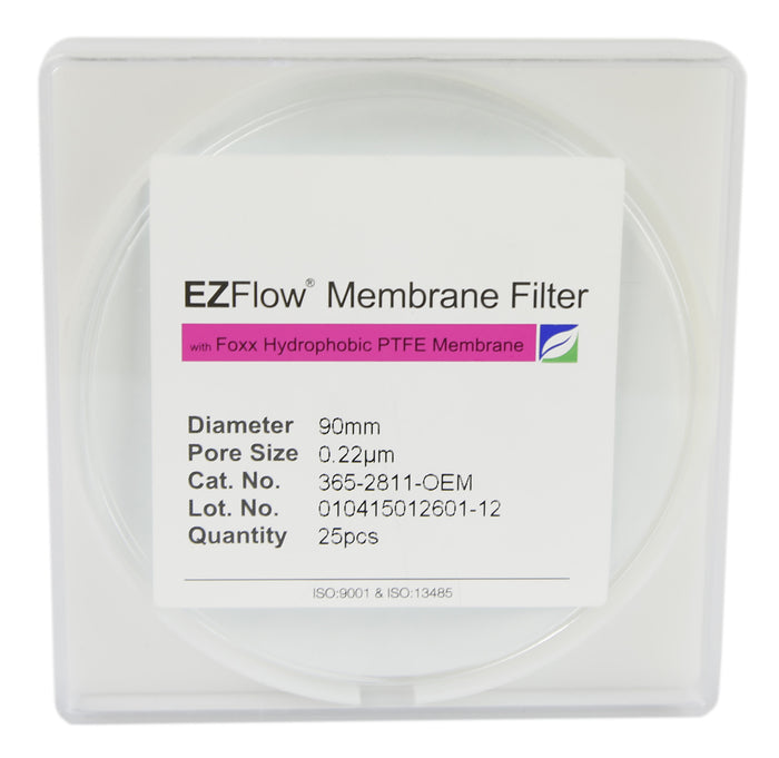 EZFlow® 90mm PTFE Filter, 0.2µm, 25 pack. Hydrophobic membrane disc for laboratory filtration. | img_1 | Foxx Life Sciences Global | shopfls.com
