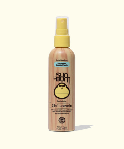 Sun Bum Revitalizing 3 in 1 Leave In spray for hair in a tan and yellow bottle with monkey logo