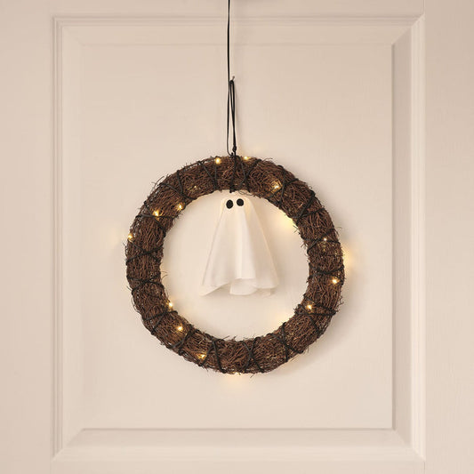 30cm Black Wreath with Hanging Ghost Outdoor LED Halloween Decoration