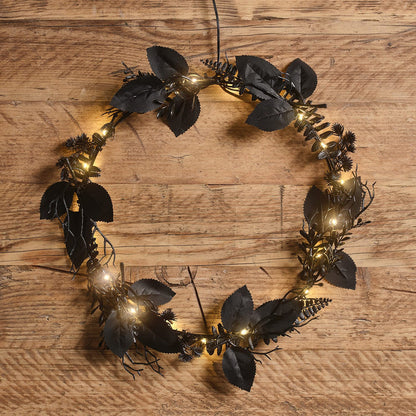 30cm Pre Lit Black Halloween Foliage Wreath