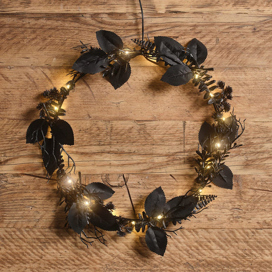 30cm Pre Lit Black Halloween Foliage Wreath