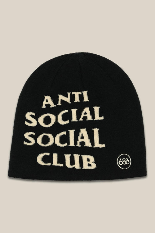 The 686 ASSC Skully Beanie features black acrylic knit, bold white ANTI SOCIAL SOCIAL CLUB lettering, and a small 686 logo in a white circle near the bottom right‚Äîideal for a striking mens streetwear look.