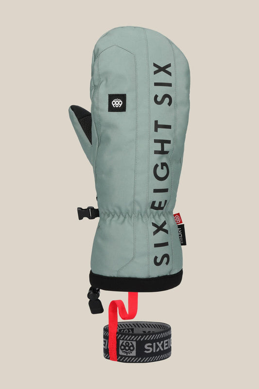 The 686 Mens Team Merino Mitt is a sage green winter mitten featuring black vertical SIX EIGHT SIX text, a small logo patch, black trim, internal finger separation for warmth, and an attached black-and-red wrist leash.