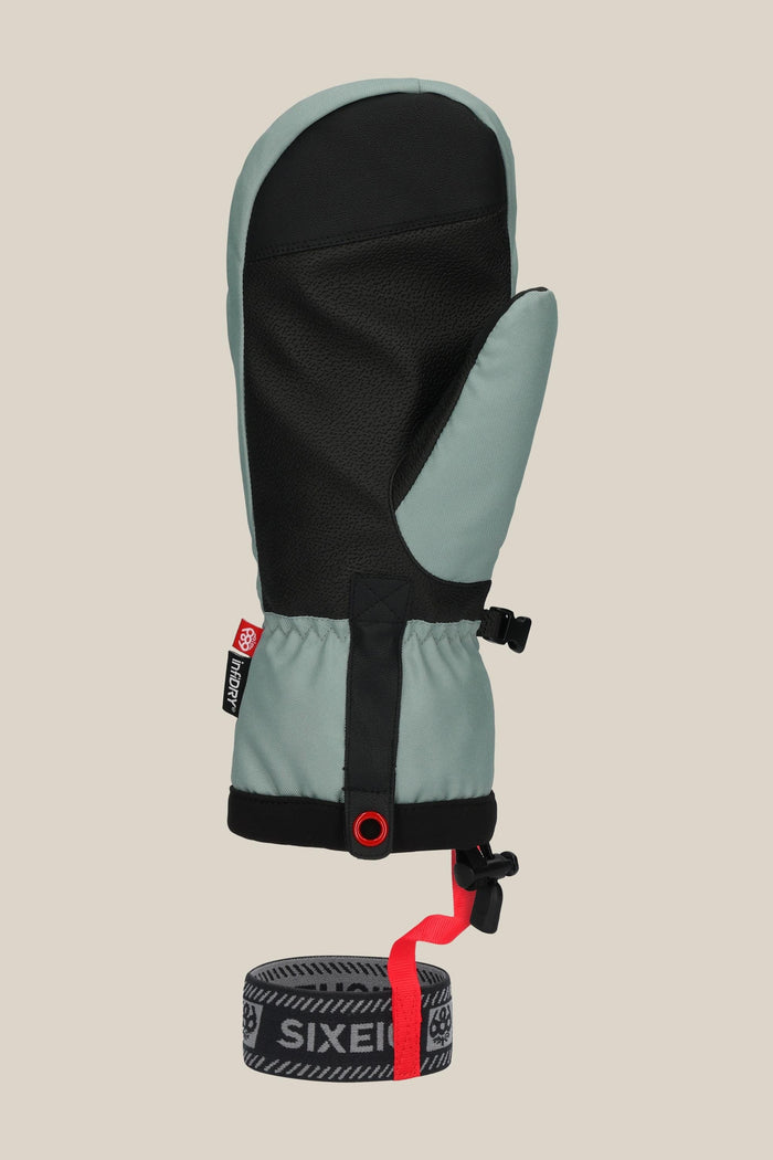 The 686 Mens Team Merino Mitt in gray and black offers internal finger separation for warmth, a wrist strap, detachable SIXEIGHT elastic band, red tab, and adjustable closure‚Äîshown on a plain beige background.