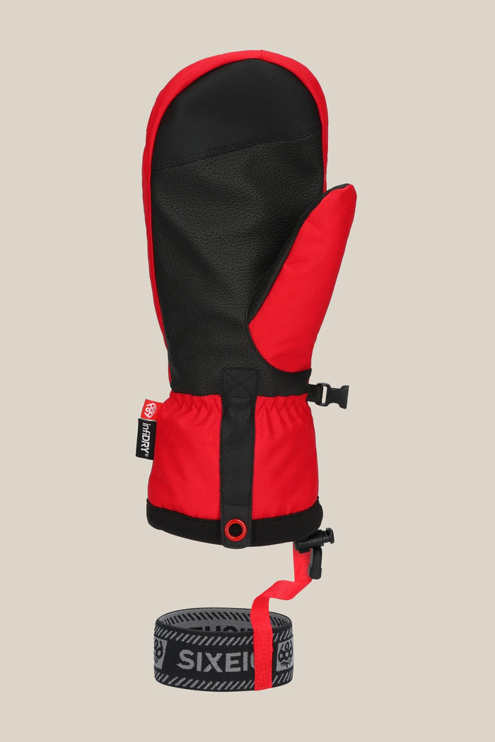 The 686 Mens Team Merino Mitt in red and black offers internal finger separation for warmth, a textured black palm, elastic wrist, adjustable strap, and comes with a matching black and gray SIXEIGHT SIX‚Äìlabeled wrist leash.