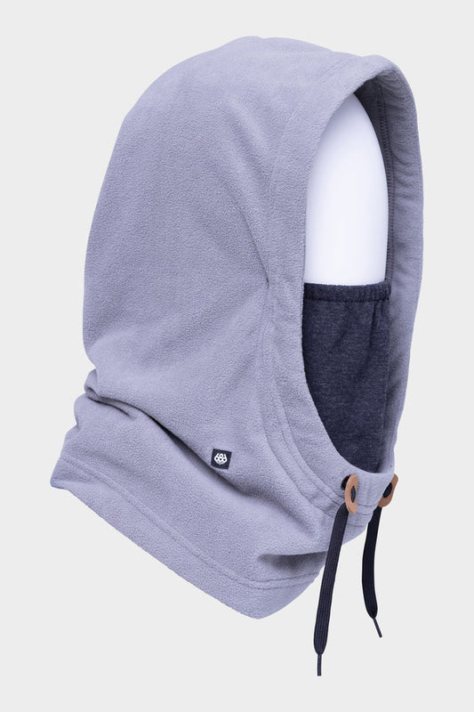 The 686 Tarmac Fleece Hood by 686, shown in gray on a white mannequin head, features adjustable black drawstrings, a built-in face covering, and a small black logo tag‚Äîan essential accessory for your hoodie collection.