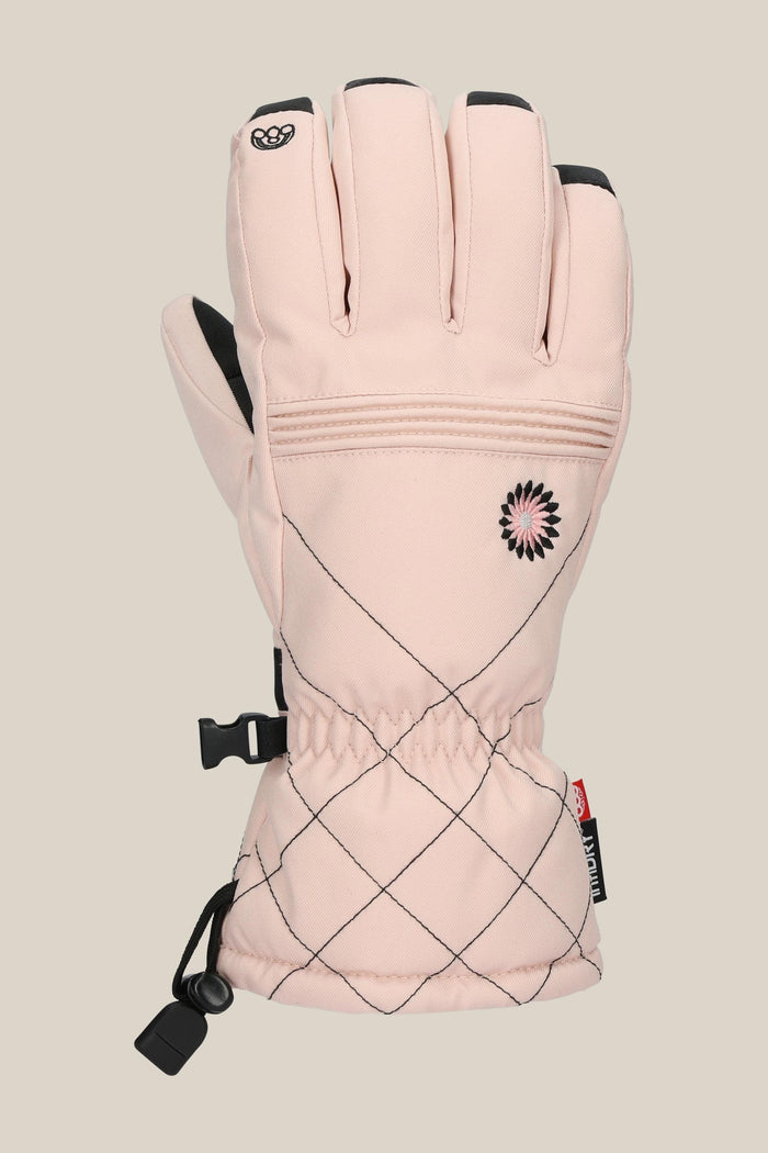 The 686 Women's Jubilee™ Glove by 686 features light pink color, black accents, diamond stitching, an adjustable wrist strap, and a small black and pink flower design on the back.