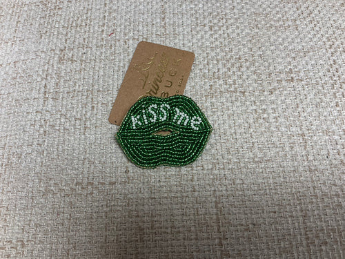 Kiss Me Beaded Lips pin earrings by Camel Threads, featuring colorful beaded lips design on gold-tone earrings.