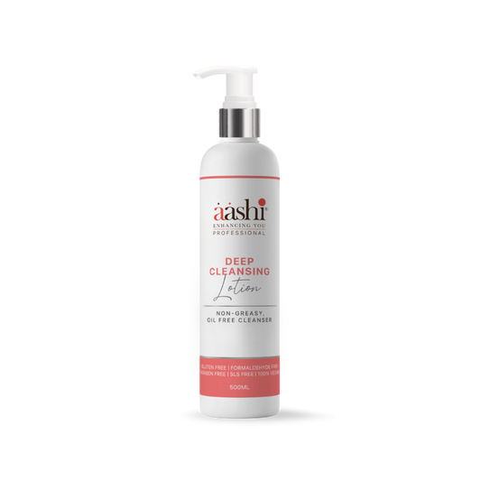Aashi Deep Cleansing Lotion bottle showcasing its oil-free formula, designed to remove dirt and impurities, featured in the Aashi Facial kit and Aashi peel based treatment kit, perfect for all skin types.