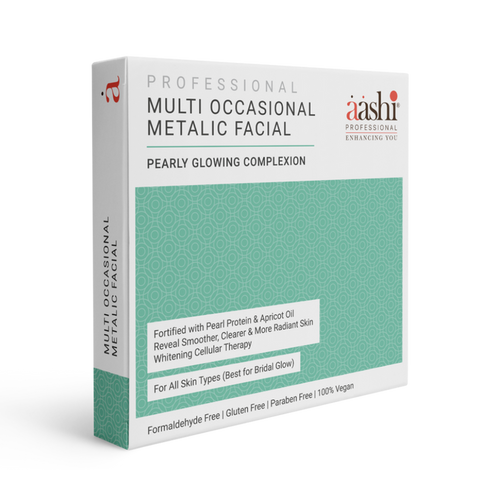 Aashi Multi Occasional Metallic Facial kit showcasing a glowing complexion treatment, featuring key ingredients like Pearl Protein and Apricot Oil, perfect for rejuvenating dull skin.