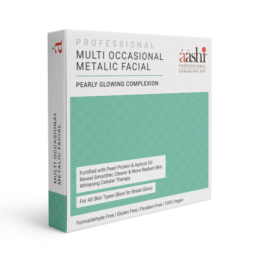 Aashi Multi Occasional Metallic Facial kit showcasing a glowing complexion treatment, featuring key ingredients like Pearl Protein and Apricot Oil, perfect for rejuvenating dull skin.