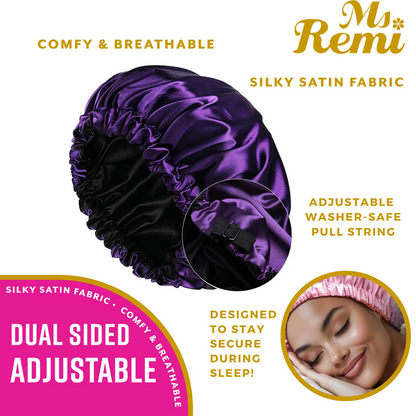 ANNIE dual sided adjustable purple satin sleep bonnet with elastic drawstring for secure breathable comfort