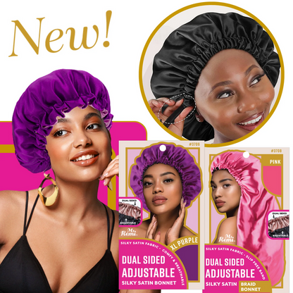 ANNIE dual sided adjustable silky satin bonnet showing purple black and pink bonnets on models for hair protection