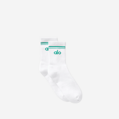 ALO YOGA UNISEX HALF-CREW THROWBACK SOCK WHITE/SPRUCE GREEN