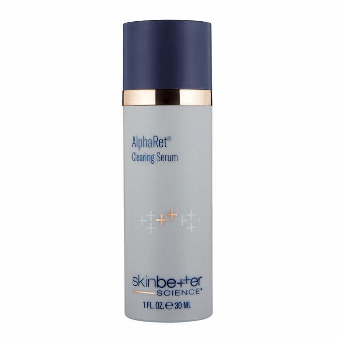 AlphaRet Clearing Serum bottle with blue cap and white body on a white background