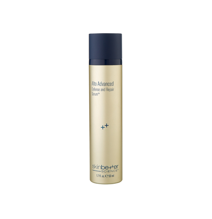 Skincare serum bottle with blue cap and beige body on a white background