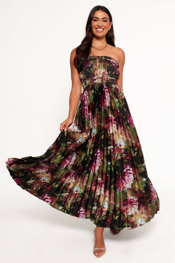 Petal and Pup USA DRESSES Angelique Strapless Maxi Dress - Grey Blurred Floral