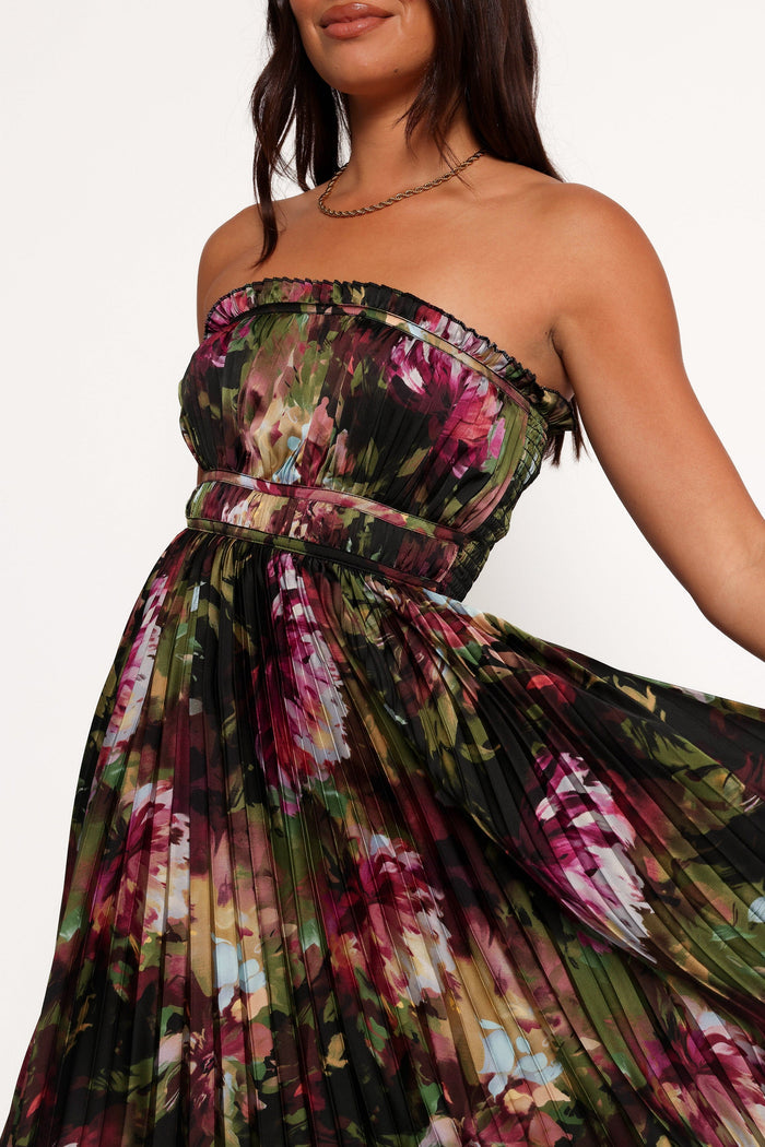Petal and Pup USA DRESSES Angelique Strapless Maxi Dress - Grey Blurred Floral