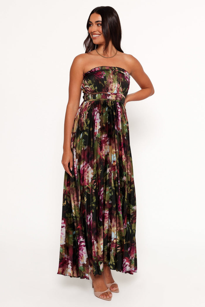 Petal and Pup USA DRESSES Angelique Strapless Maxi Dress - Grey Blurred Floral