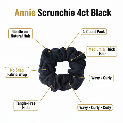 Annie Hair Scrunchie, 4 Count, Black