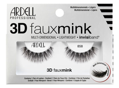 A single pair of Ardell's Faux Mink 858 eyelash inside its box indicating details on the packaging