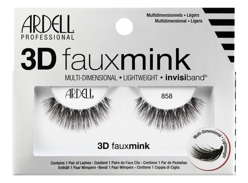 A single pair of Ardell's Faux Mink 858 eyelash inside its box indicating details on the packaging