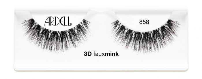 A single pair of Ardell's Faux Mink 858 eyelash inside its box indicating details on the packaging