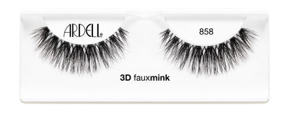 A single pair of Ardell's Faux Mink 858 eyelash inside its box indicating details on the packaging