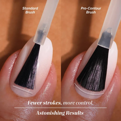 Close-up comparison of a standard brush and LONDONTOWN’s airy pro-contour brush applying Beary Minty polish, highlighting their shape and coverage differences with hopeful clarity.