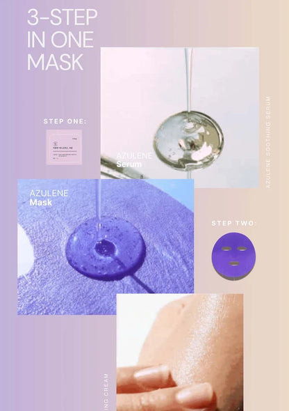 Cosmetic product packaging with steps for a skincare routine on a gradient background.