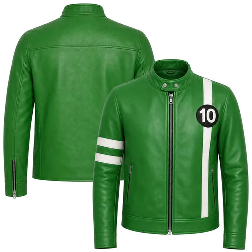 LevelJacket Ben10 Edition green leather biker jacket front and back view with white racing stripe and 10 patch