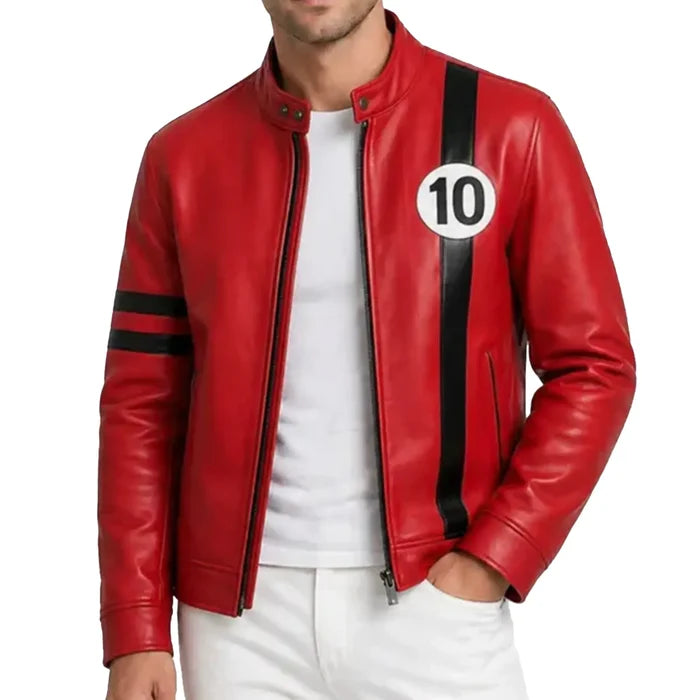 LevelJacket Ben10 Edition red leather jacket front view showing cafe racer collar and 10 patch