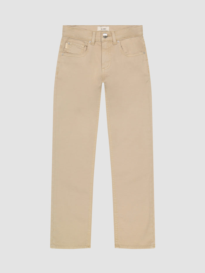 DL1961 boys' Benji Straight pants in khaki twill 'Almond', flat front view.