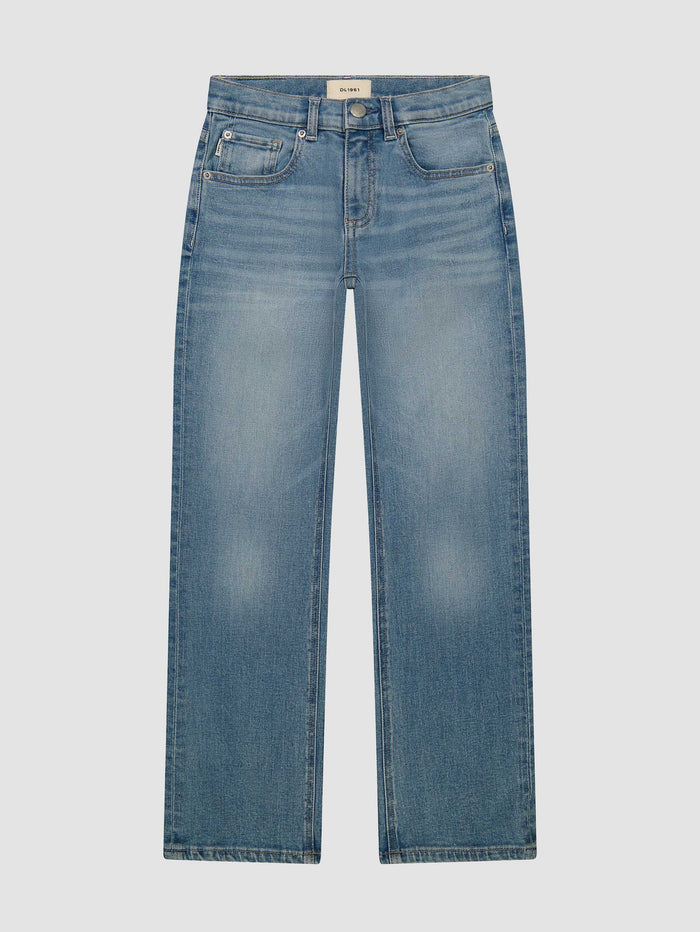 DL1961 boys' Benji straight jeans in medium blue wash 'Sand Dollar', flat front view.