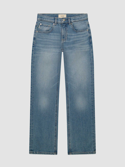 DL1961 boys' Benji straight jeans in medium blue wash 'Sand Dollar', flat front view.