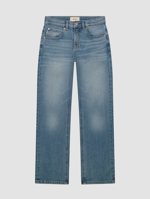 DL1961 boys' Benji straight jeans in medium blue wash 'Sand Dollar', flat front view.
