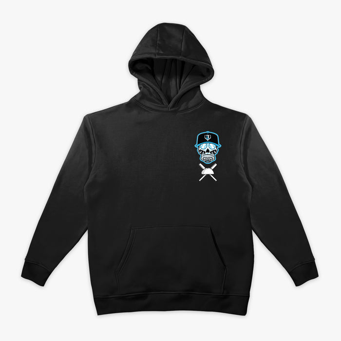 Black hoodie with a blue and white skull graphic on a white background