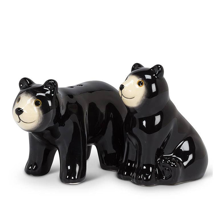 Abbott Black Bear salt and pepper shakers set, ceramic figurines with black bear design, kitchen condiment accessories