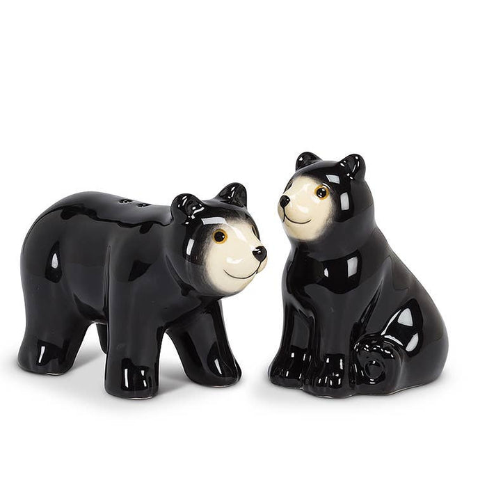 Abbott Black Bear salt and pepper shaker set featuring a detailed black bear design, made of ceramic or similar material.