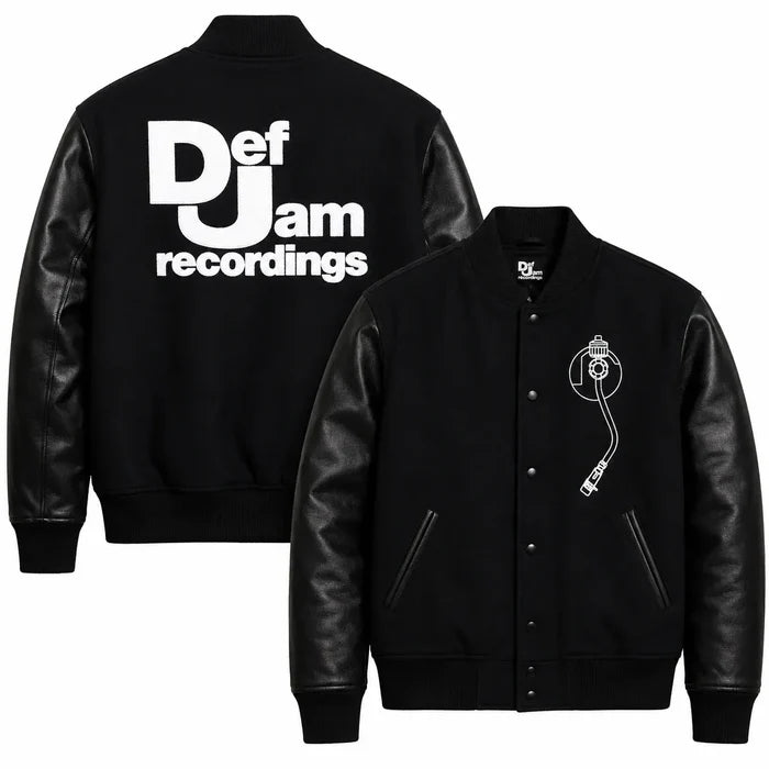 Front and back catalog layout of the Leveljacket Def Jam Recordings black varsity jacket, displaying a premium black wool body with black leather sleeves, custom white embroidered turntable needle art on the front chest, and a bold white Def Jam Recordings typography patch layout across the back.